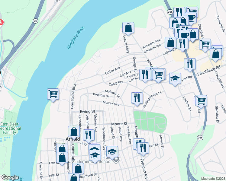 map of restaurants, bars, coffee shops, grocery stores, and more near 153 Mohawk Drive in New Kensington