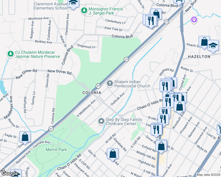 map of restaurants, bars, coffee shops, grocery stores, and more near 855 South Middlesex Avenue in Woodbridge Township