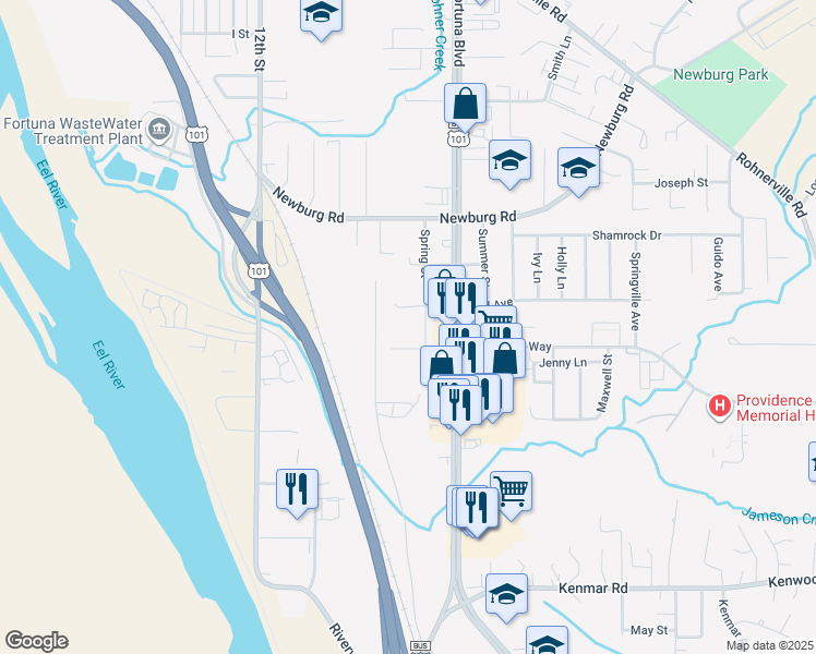 map of restaurants, bars, coffee shops, grocery stores, and more near 1620 2nd Avenue in Fortuna