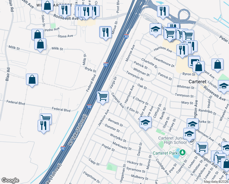 map of restaurants, bars, coffee shops, grocery stores, and more near 17 Jackson Avenue in Carteret