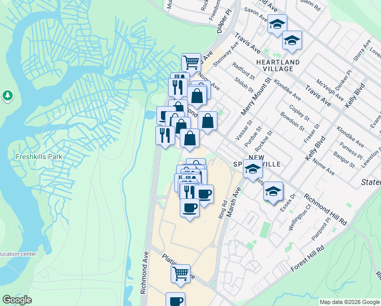 map of restaurants, bars, coffee shops, grocery stores, and more near 98 Richmond Hill Road in Staten Island