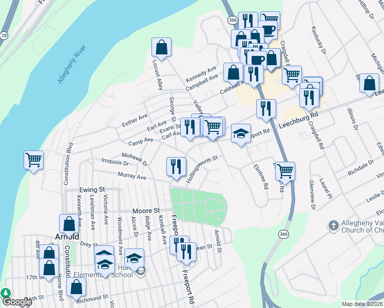 map of restaurants, bars, coffee shops, grocery stores, and more near 2202 Freeport Road in New Kensington