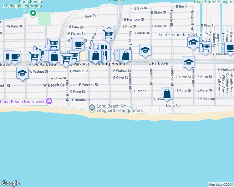 map of restaurants, bars, coffee shops, grocery stores, and more near 230 East Penn Street in Long Beach
