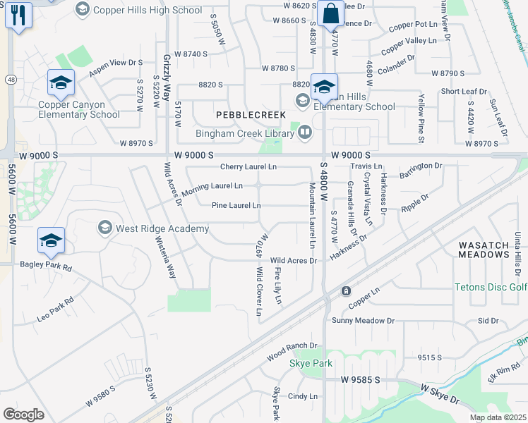 map of restaurants, bars, coffee shops, grocery stores, and more near 4957 Pine Laurel Lane in West Jordan