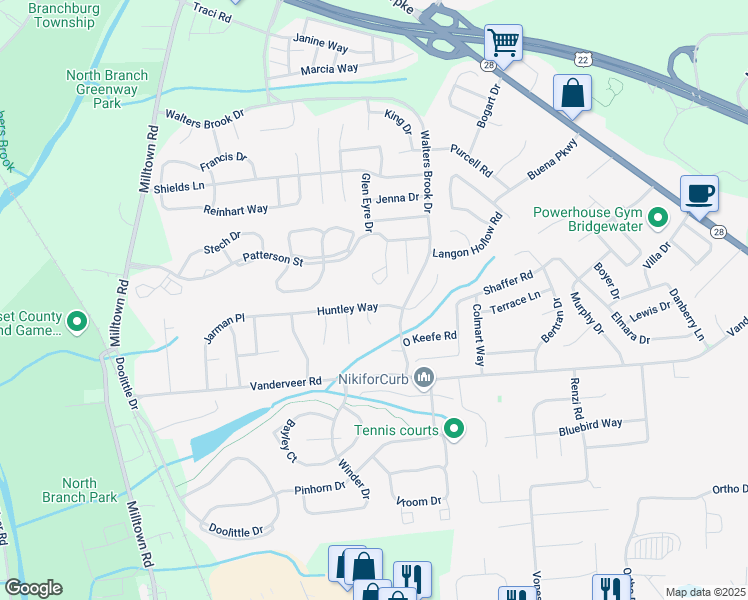 map of restaurants, bars, coffee shops, grocery stores, and more near 41 Huntley Way in Bridgewater Township