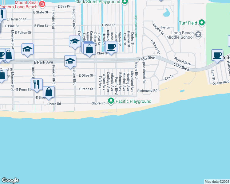 map of restaurants, bars, coffee shops, grocery stores, and more near 107 Pacific Boulevard in Long Beach