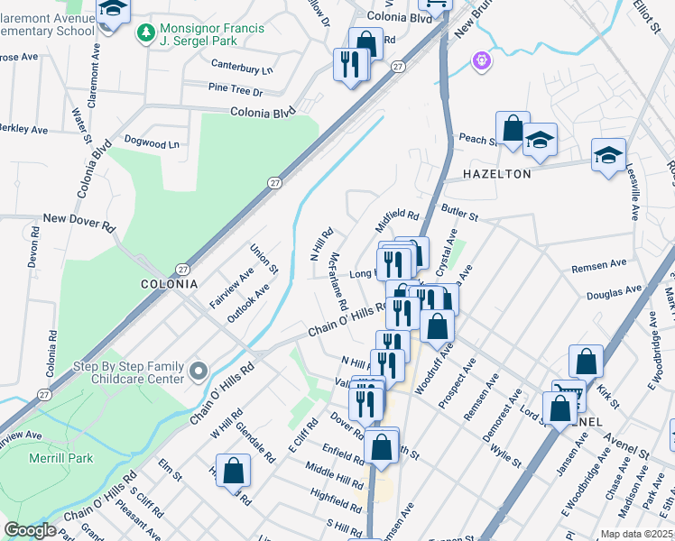 map of restaurants, bars, coffee shops, grocery stores, and more near 74 Long Hill Road in Woodbridge Township