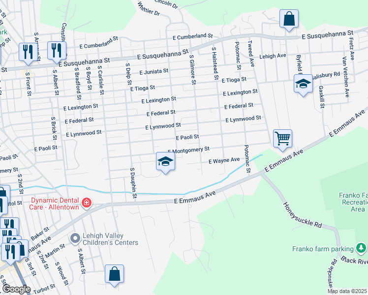 map of restaurants, bars, coffee shops, grocery stores, and more near 607 East Montgomery Street in Allentown