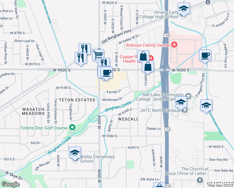 map of restaurants, bars, coffee shops, grocery stores, and more near 3901 Farrell Lane in West Jordan