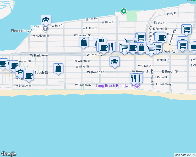 map of restaurants, bars, coffee shops, grocery stores, and more near 141 Laurelton Boulevard in Long Beach