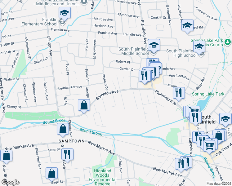 map of restaurants, bars, coffee shops, grocery stores, and more near 453 Sampton Avenue in South Plainfield
