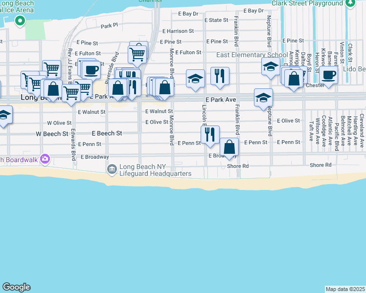 map of restaurants, bars, coffee shops, grocery stores, and more near 322 East Penn Street in Long Beach