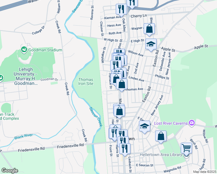 map of restaurants, bars, coffee shops, grocery stores, and more near 1118 Furnace Street in Hellertown