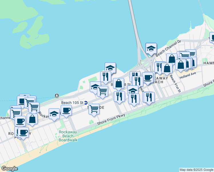 map of restaurants, bars, coffee shops, grocery stores, and more near 102-03 Beach Channel Drive in Queens