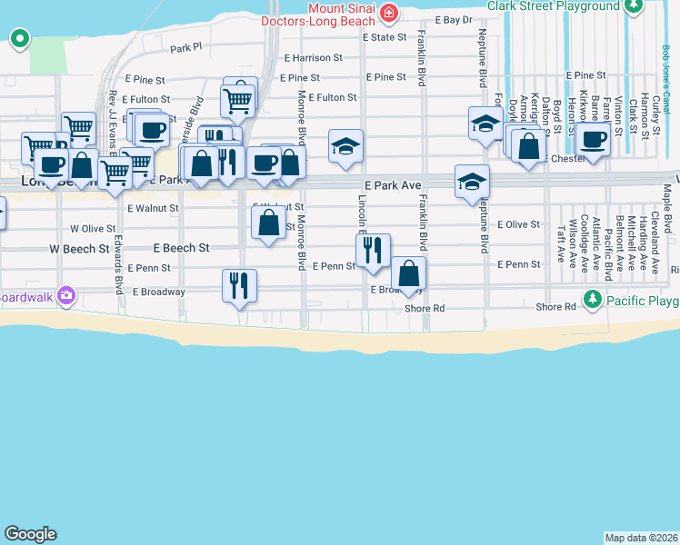 map of restaurants, bars, coffee shops, grocery stores, and more near 362 West Penn Street in Long Beach
