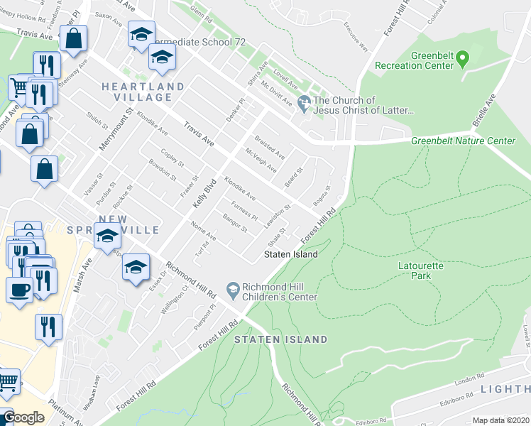 map of restaurants, bars, coffee shops, grocery stores, and more near 416 Klondike Avenue in Staten Island