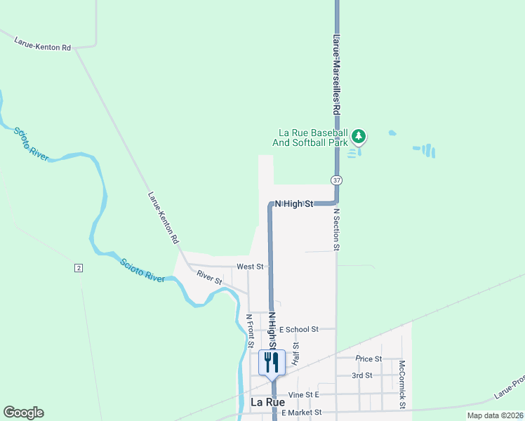 map of restaurants, bars, coffee shops, grocery stores, and more near 769 North High Street in La Rue