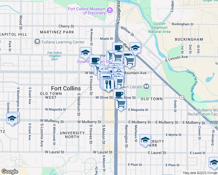 map of restaurants, bars, coffee shops, grocery stores, and more near 119 West Oak Street in Fort Collins