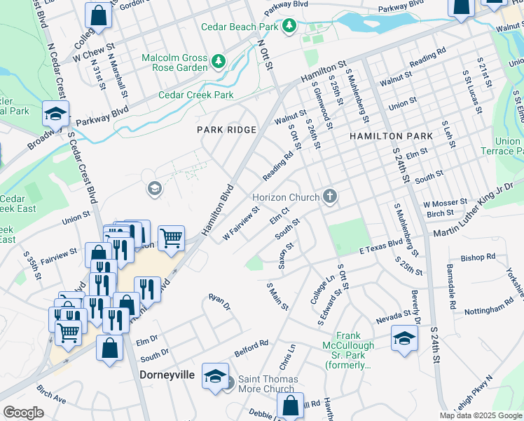 map of restaurants, bars, coffee shops, grocery stores, and more near 302 College Drive in Allentown