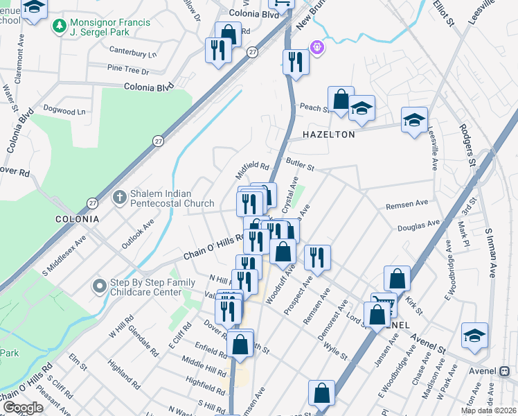 map of restaurants, bars, coffee shops, grocery stores, and more near 11 Long Hill Road in Woodbridge Township