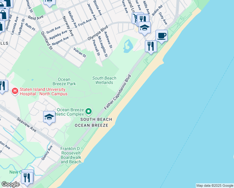 map of restaurants, bars, coffee shops, grocery stores, and more near 599 Father Capodanno Boulevard in Staten Island