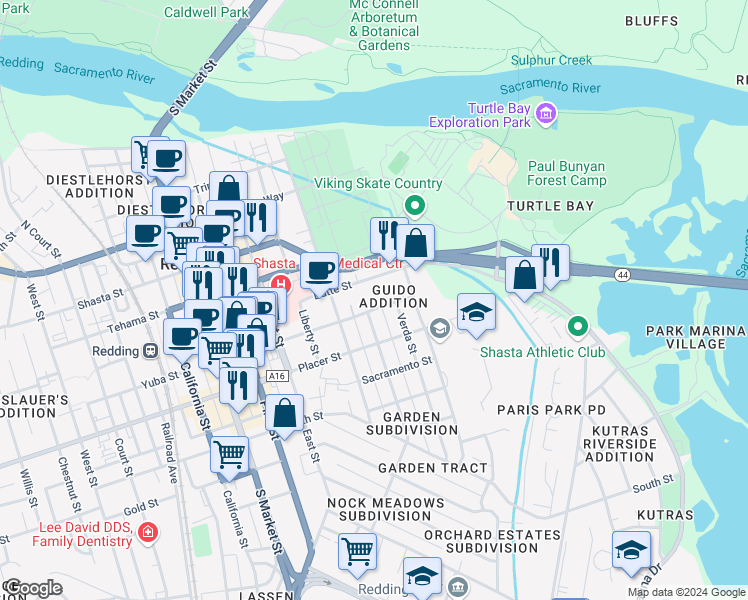 map of restaurants, bars, coffee shops, grocery stores, and more near 844 Yuba St in Redding