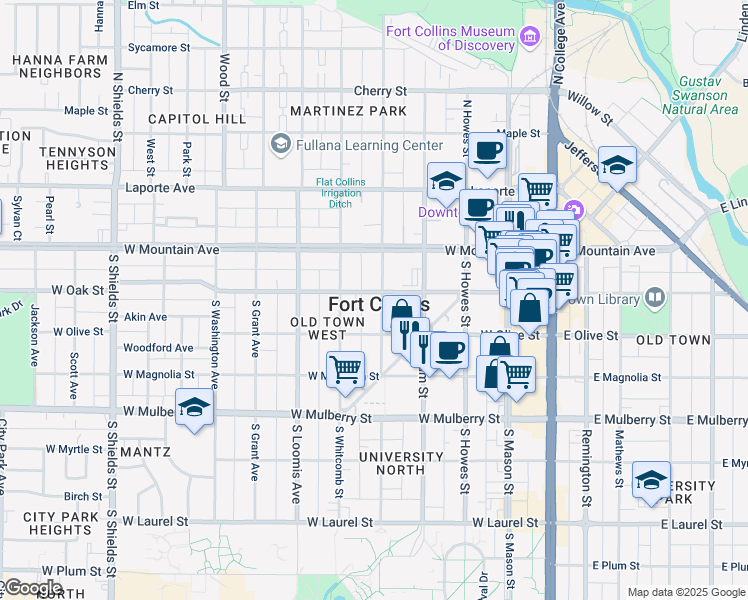 map of restaurants, bars, coffee shops, grocery stores, and more near 203 South Sherwood Street in Fort Collins