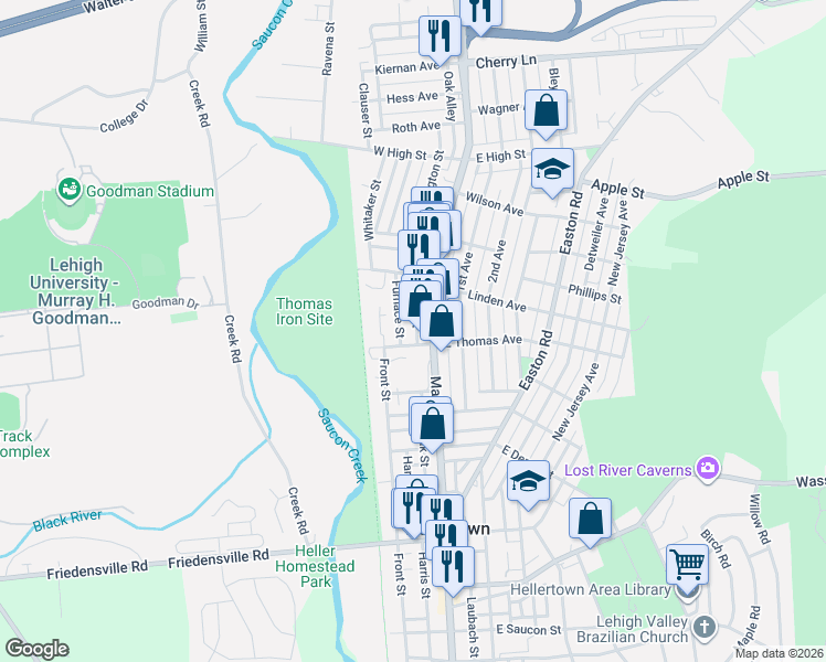 map of restaurants, bars, coffee shops, grocery stores, and more near 1130 Oak Street in Hellertown