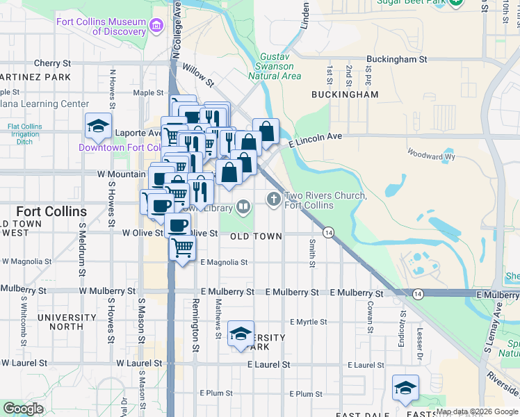 map of restaurants, bars, coffee shops, grocery stores, and more near 202 Peterson Street in Fort Collins
