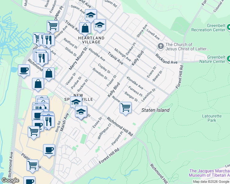 map of restaurants, bars, coffee shops, grocery stores, and more near 183 Kelly Boulevard in Staten Island