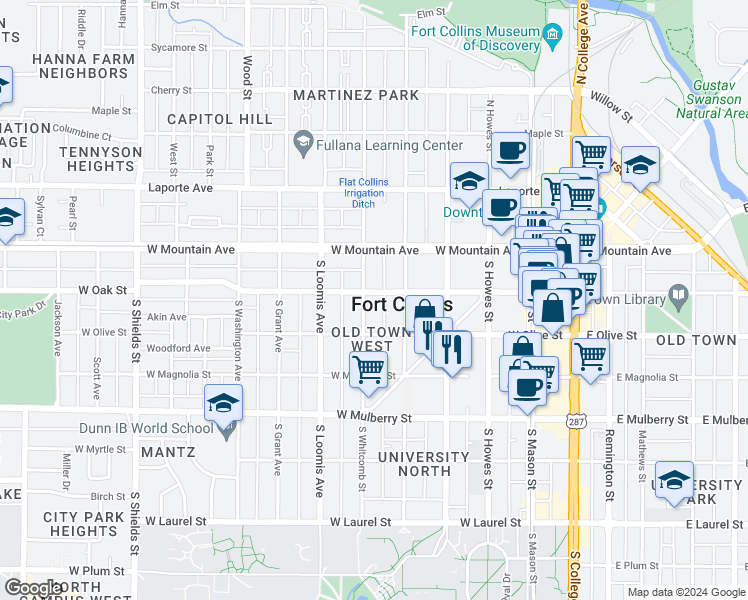 map of restaurants, bars, coffee shops, grocery stores, and more near 525 West Oak Street in Fort Collins