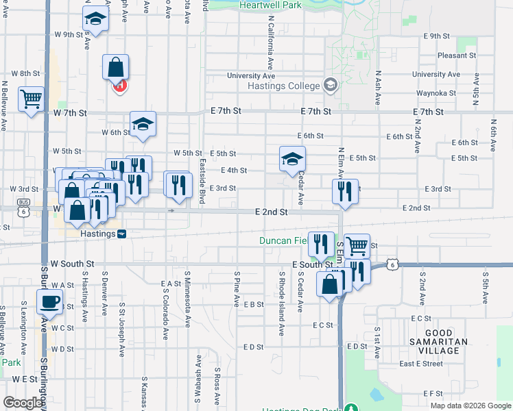 map of restaurants, bars, coffee shops, grocery stores, and more near 223 East 2nd Street in Hastings