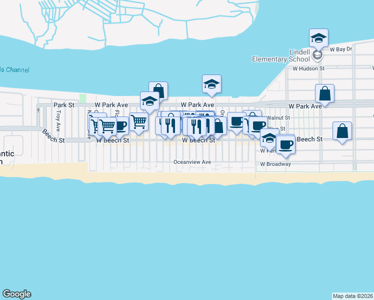 map of restaurants, bars, coffee shops, grocery stores, and more near 39 Virginia Avenue in Long Beach