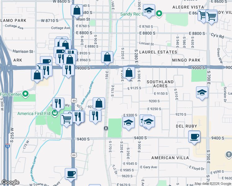 map of restaurants, bars, coffee shops, grocery stores, and more near 188 East 9140 South in Sandy