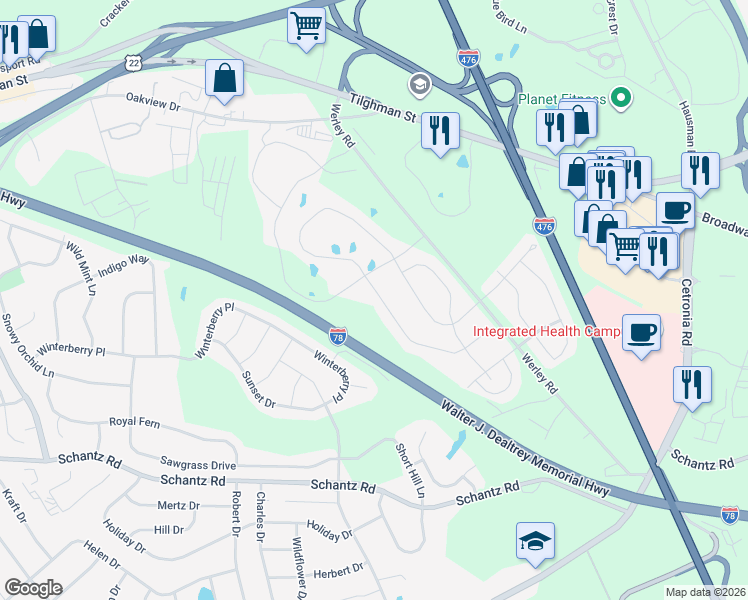 map of restaurants, bars, coffee shops, grocery stores, and more near 380 Redclover Lane in Allentown