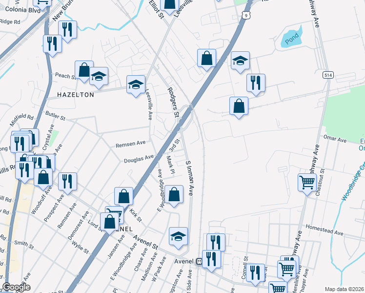 map of restaurants, bars, coffee shops, grocery stores, and more near 2 Douglas Avenue in Woodbridge Township