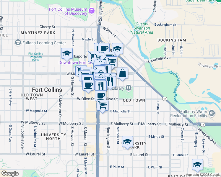 map of restaurants, bars, coffee shops, grocery stores, and more near 202 Remington Street in Fort Collins