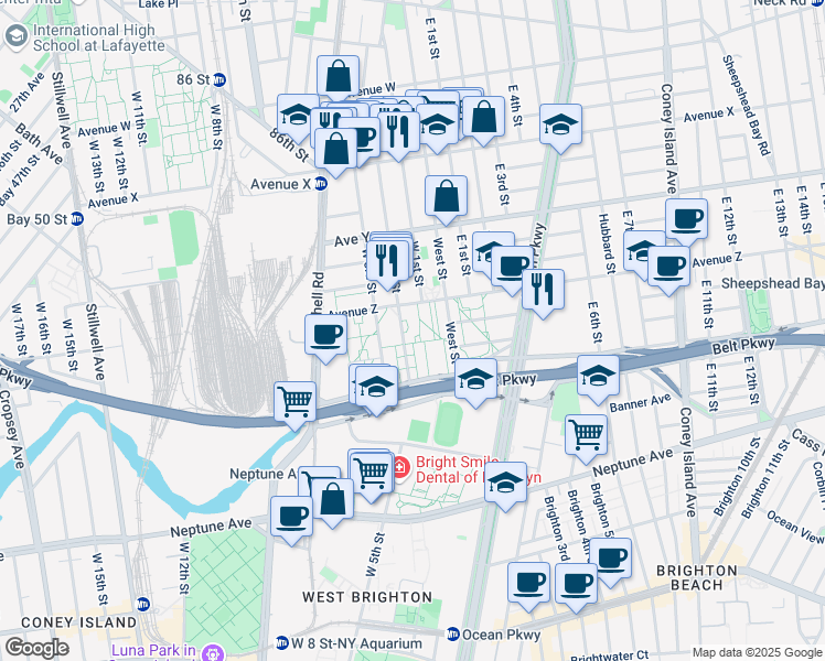 map of restaurants, bars, coffee shops, grocery stores, and more near 2631 West 2nd Street in Brooklyn