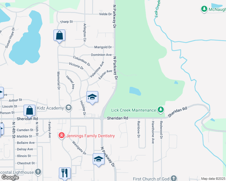 map of restaurants, bars, coffee shops, grocery stores, and more near 2105 North Parkway Drive in Pekin