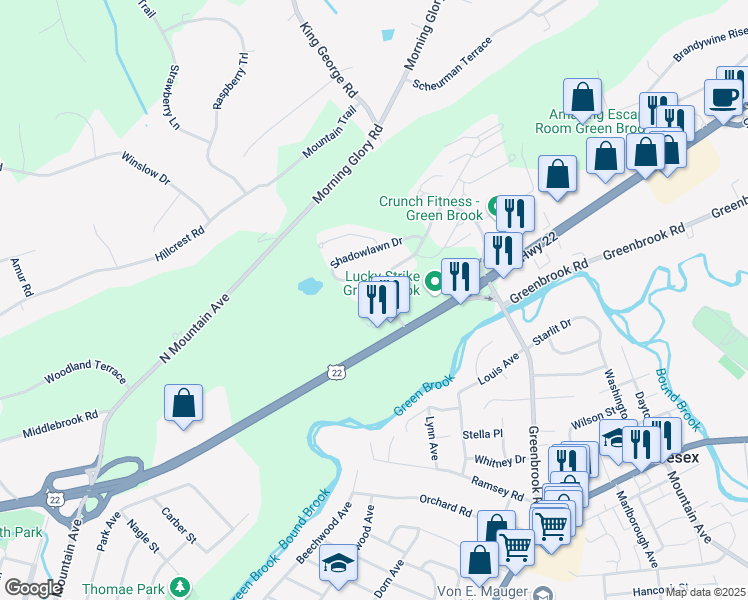 map of restaurants, bars, coffee shops, grocery stores, and more near 10 Dudley Court in Green Brook Township