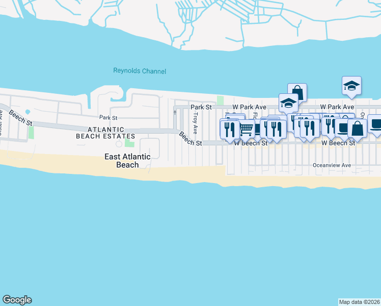 map of restaurants, bars, coffee shops, grocery stores, and more near 43 Troy Avenue in East Atlantic Beach