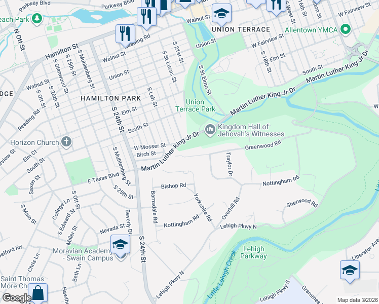 map of restaurants, bars, coffee shops, grocery stores, and more near 2091 Greenwood Road in Allentown