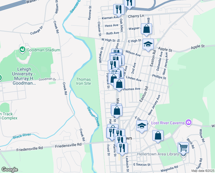 map of restaurants, bars, coffee shops, grocery stores, and more near 1118 Furnace Street in Hellertown