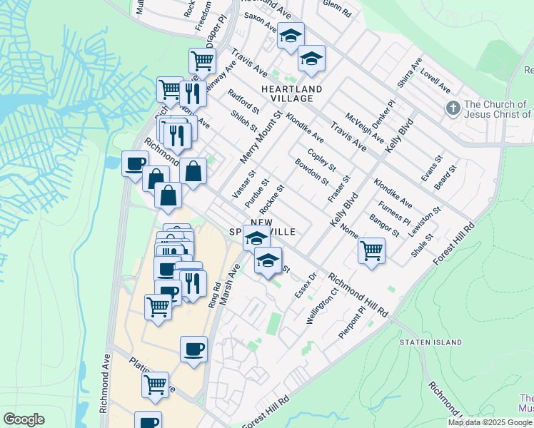 map of restaurants, bars, coffee shops, grocery stores, and more near 111 Rockne Street in Staten Island