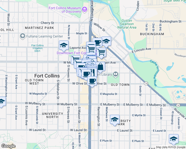 map of restaurants, bars, coffee shops, grocery stores, and more near 200 South College Avenue in Fort Collins