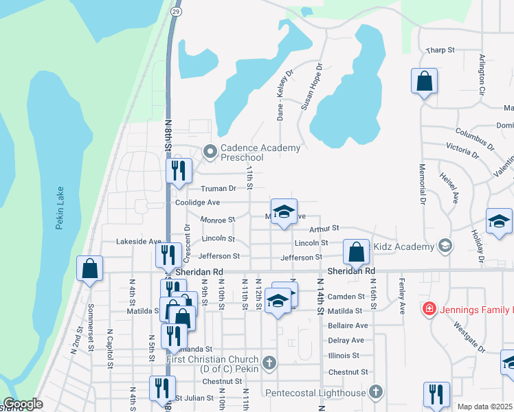 map of restaurants, bars, coffee shops, grocery stores, and more near 1102 Coolidge Ave in Pekin