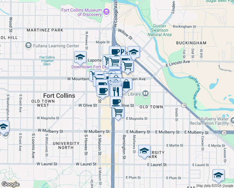 map of restaurants, bars, coffee shops, grocery stores, and more near 200 South College Avenue in Fort Collins