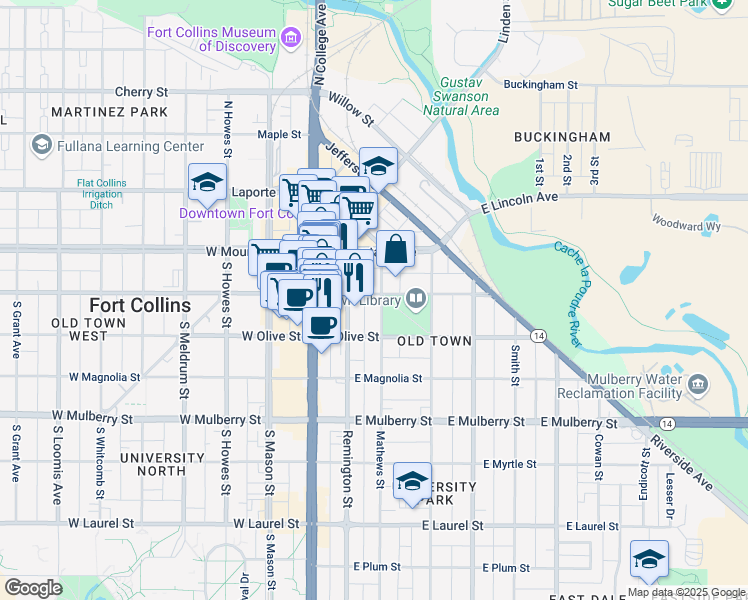map of restaurants, bars, coffee shops, grocery stores, and more near 215 East Oak Street in Fort Collins