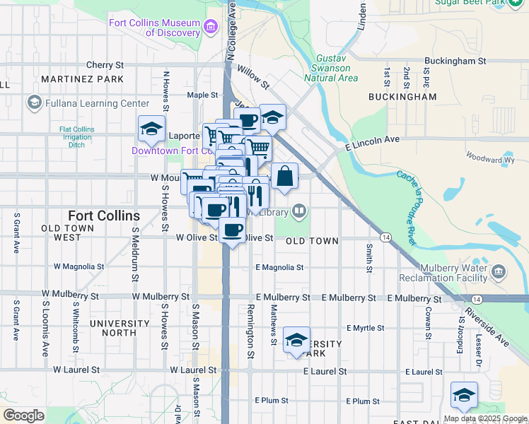 map of restaurants, bars, coffee shops, grocery stores, and more near 215 East Oak Street in Fort Collins