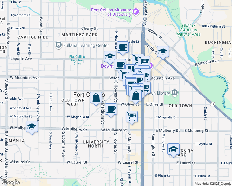 map of restaurants, bars, coffee shops, grocery stores, and more near 300 West Oak Street in Fort Collins